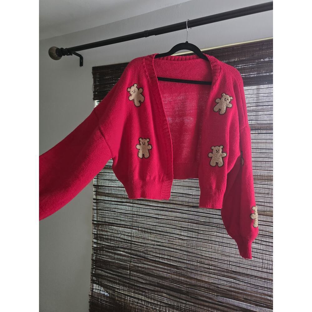 Long Sleeve Womens V- Neck Cardigan Deep Pink Color with Cute Bear Pattern - 3XL - Picture 4 of 6
